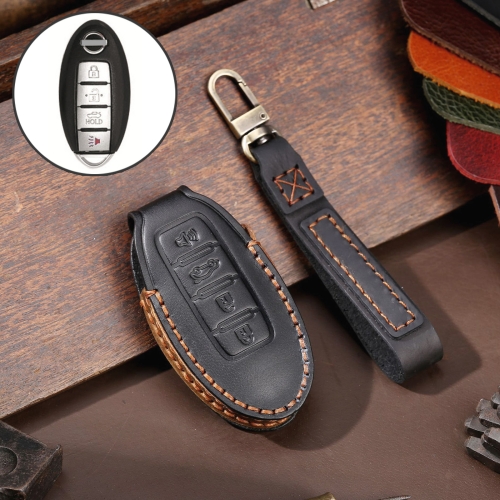 

For Nissan 4-button Horn Hallmo Car Cowhide Leather Key Protective Cover Key Case(Black)