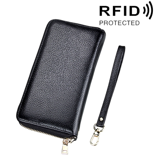 

Genuine Cowhide Leather Litchi Texture Zipper Long Style Card Holder Wallet RFID Blocking Coin Purse Card Bag Protect Case with Hand Strap for Women, Size: 20*10.5*3cm(Black)