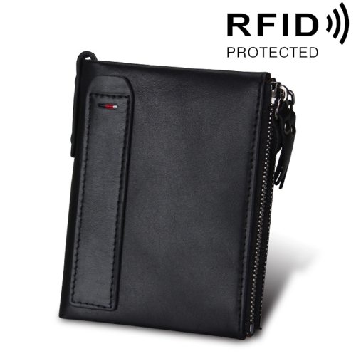 

Genuine Cowhide Leather Crazy Horse Texture Dual Zipper Short Style Card Holder Wallet RFID Blocking Card Bag Protect Case for Men, Size: 12.1*9.4*2.7cm(Black)