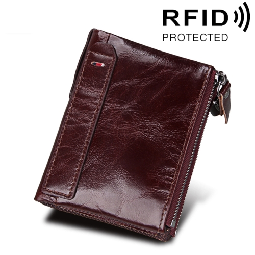 

Genuine Cowhide Leather Crazy Horse Texture Dual Zipper Short Style Card Holder Wallet RFID Blocking Card Bag Protect Case for Men, Size: 12.1*9.4*2.7cm