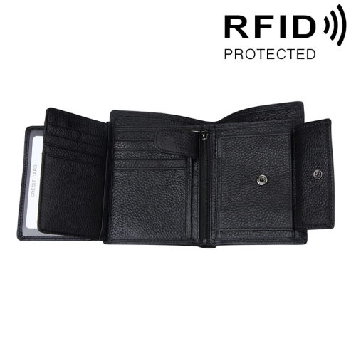

Genuine Cowhide Leather 3-folding Card Holder Wallet RFID Blocking Card Bag Protect Case for Men, Size: 13*10.2*2.5cm(Black)