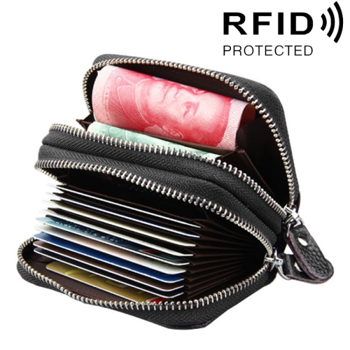 Genuine Leather Dual Layer Zipper Card Holder Wallet RFID Blocking Purse, Size: 10.5x7.0x4.0cm(Black)