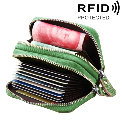 

Genuine Cowhide Leather Dual Layer Solid Color Zipper Card Holder Wallet RFID Blocking Coin Purse Card Bag Protect Case with Card Slots & Coin Position, Size: 10.5*7.0*4.0cm(Green)