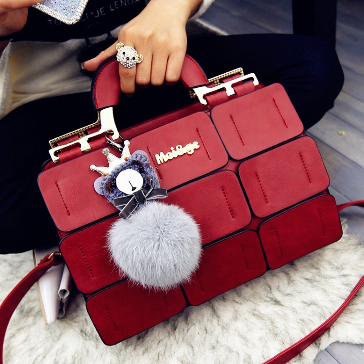 

Jiugongge Stitched Line PU Leather Ladies HandBags Women Messenger Bags Crossbody Shoulder Bag with Plush Ball Pendant (Red)