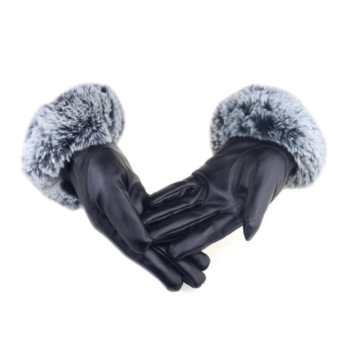 Winter Touch Screen Gloves Ladies Riding Gloves Rex Rabbit Hair Simulation U-shaped Hair PU Leather Warm Gloves