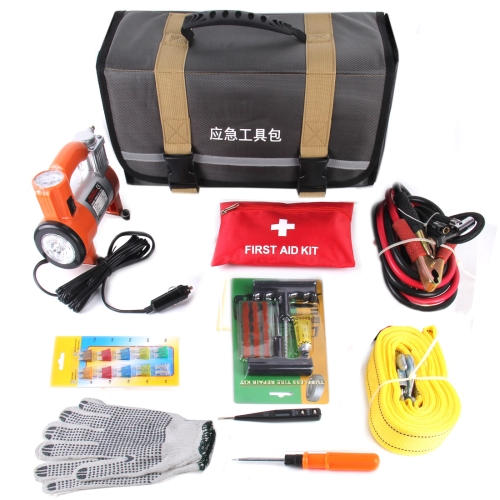 First Secure Car Emergency Kit with Roadside Assistance Jumper Cables  Portable Air Compressor Tow Strap : : Car & Motorbike