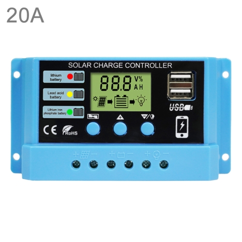 

20A Solar Charge Controller 12V / 24V Lithium Lead-Acid Battery Charge Discharge PV Controller, with Indicator Light