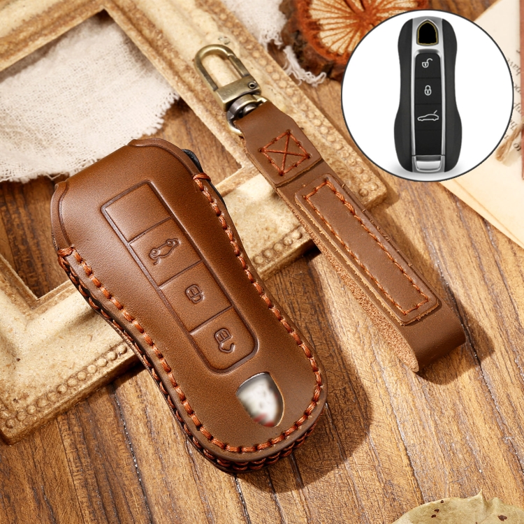 

Hallmo Car Cowhide Leather Key Protective Cover Key Case for Porsche Macan 718 2021 B Style (Brown)