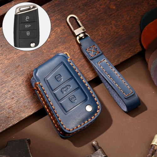 

Hallmo Car Cowhide Leather Key Protective Cover Key Case for Volkswagen Lavida B Style(Blue)