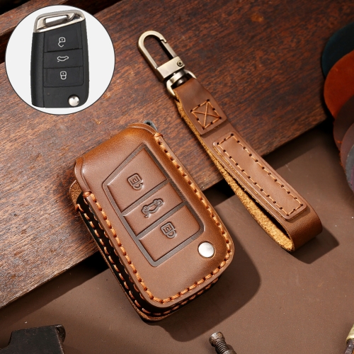 

Hallmo Car Cowhide Leather Key Protective Cover Key Case for Volkswagen Lavida B Style (Brown)