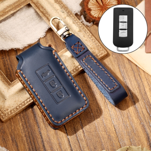 

Hallmo Car Cowhide Leather Key Protective Cover Key Case for Mitsubishi Outlander(Blue)