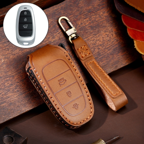 Hallmo Auto Rindsleder-Leder-Schlüsselschutzabdeckung Key Case für Hyundai  3-Button (blau)