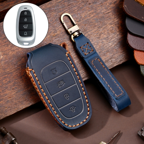 Hallmo Auto Rindsleder-Leder-Schlüsselschutzabdeckung Key-Hülle für Hyundai  4-Button Start (blau)