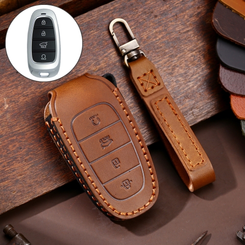 Hallmo Car Cinhhide Leder Schlüssel Schutzabdeckung Key Case für Hyundai  4-Button (braun)