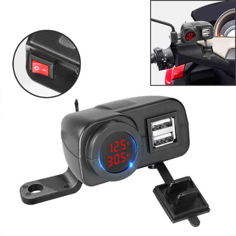 

Motorcycle Digital Display Phone Charger Rearview Mirror Holder with Switch(Red Light)