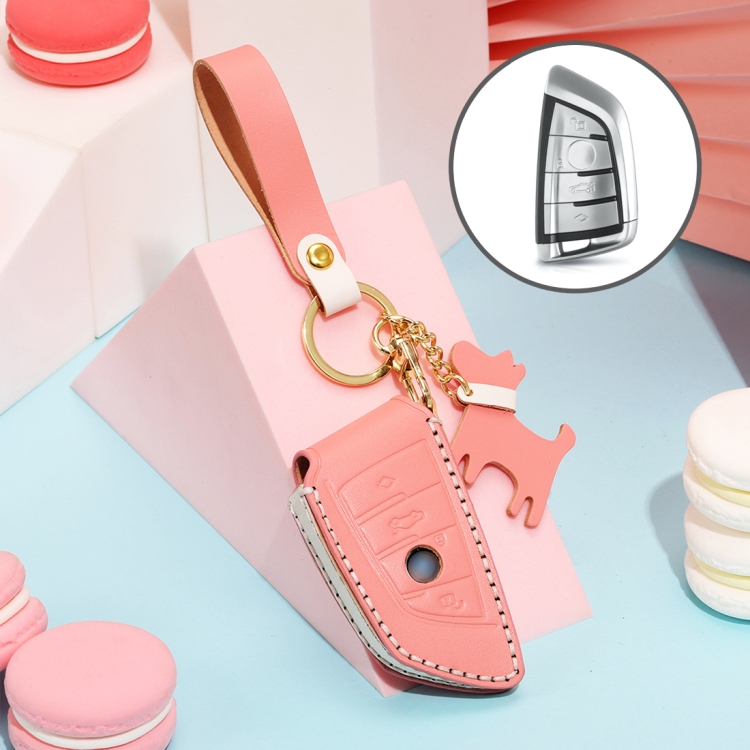 

Hallmo Car Female Style Cowhide Leather Key Protective Cover for BMW, B Type (Pink)