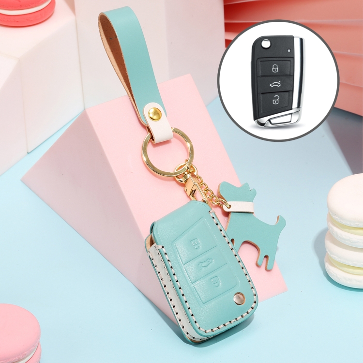 

Hallmo Car Female Style Cowhide Leather Key Protective Cover for Volkswagen, B Type (Lake Blue)