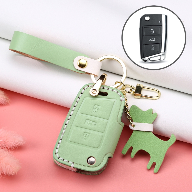 

Hallmo Car Female Style Cowhide Leather Key Protective Cover for Volkswagen, B Type Folding (Grass Green)