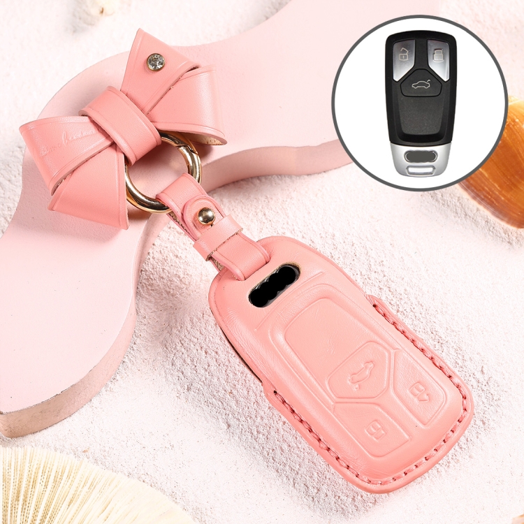 

Car Female Style Cowhide Leather Key Protective Cover for Audi, A Type with Bow (Pink)