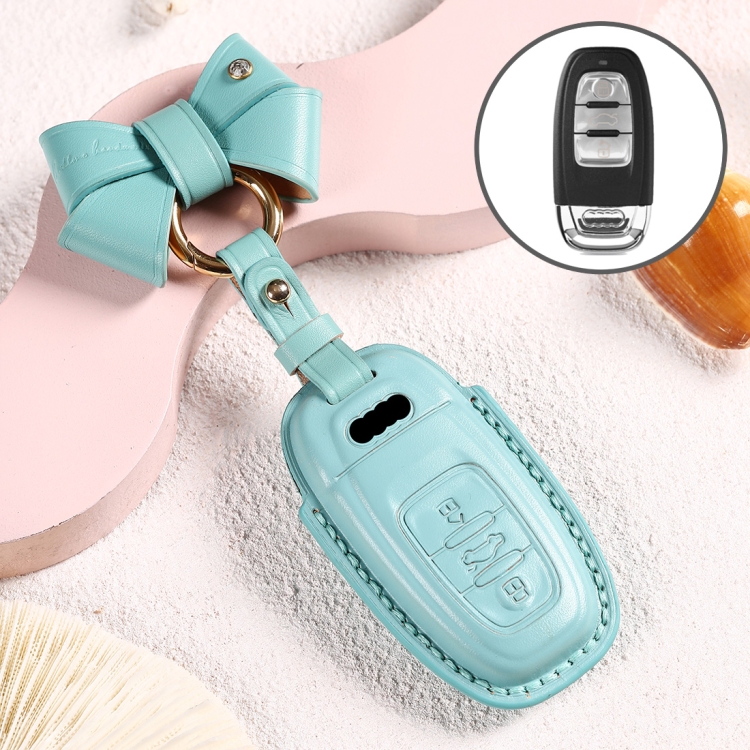 

Car Female Style Cowhide Leather Key Protective Cover for Audi, B Type with Bow (Lake Blue)