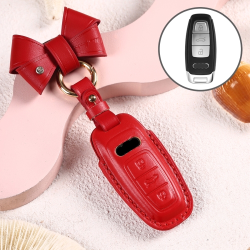 

Car Female Style Cowhide Leather Key Protective Cover for Audi, C Type with Bow (Red)