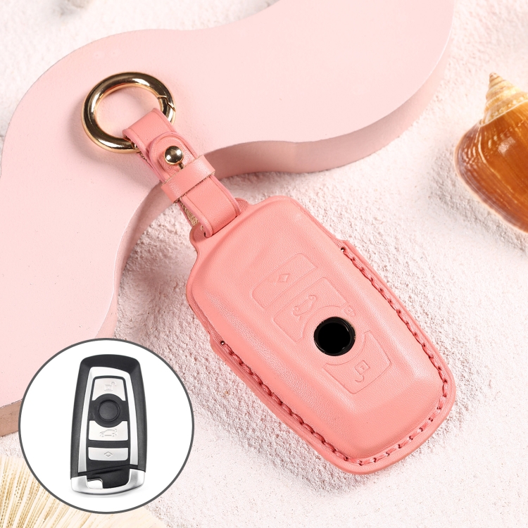 

Car Female Style Cowhide Leather Key Protective Cover for BMW, A Type without Bow (Pink)