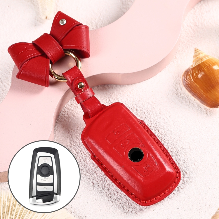 

Car Female Style Cowhide Leather Key Protective Cover for BMW, A Type with Bow (Red)