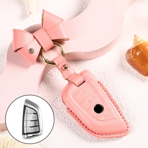 

Car Female Style Cowhide Leather Key Protective Cover for BMW, B Type Blade with Bow (Pink)