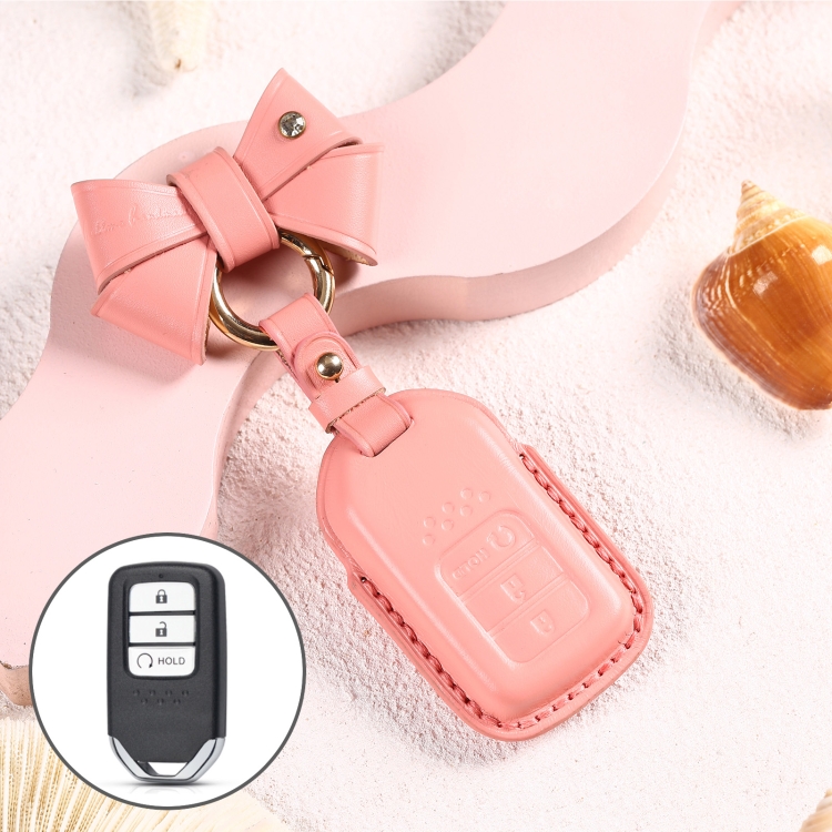 

Car Female Style Cowhide Leather Key Protective Cover for Honda 3-button Start, with Bow (Pink)