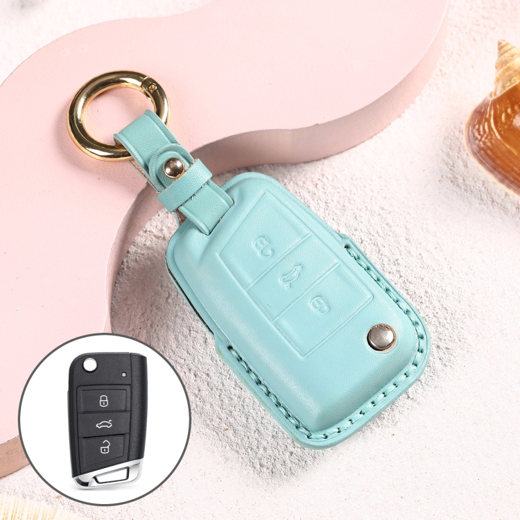 

Car Female Style Cowhide Leather Key Protective Cover for Volkswagen, B Type without Bow (Lake Blue)
