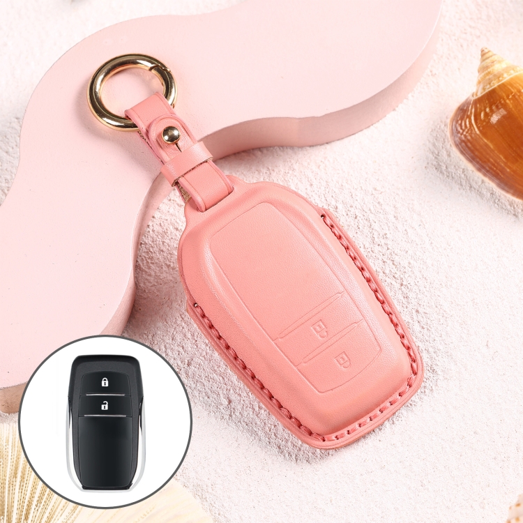 

Car Female Style Cowhide Leather Key Protective Cover for Toyota 2-button 2017, without Bow (Pink)