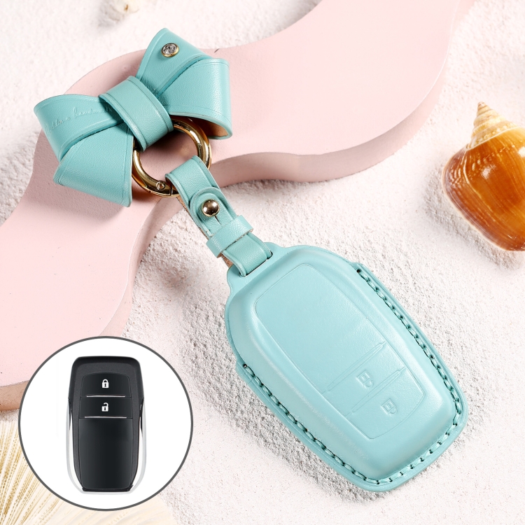 

Car Female Style Cowhide Leather Key Protective Cover for Toyota 2-button 2017, with Bow (Lake Blue)