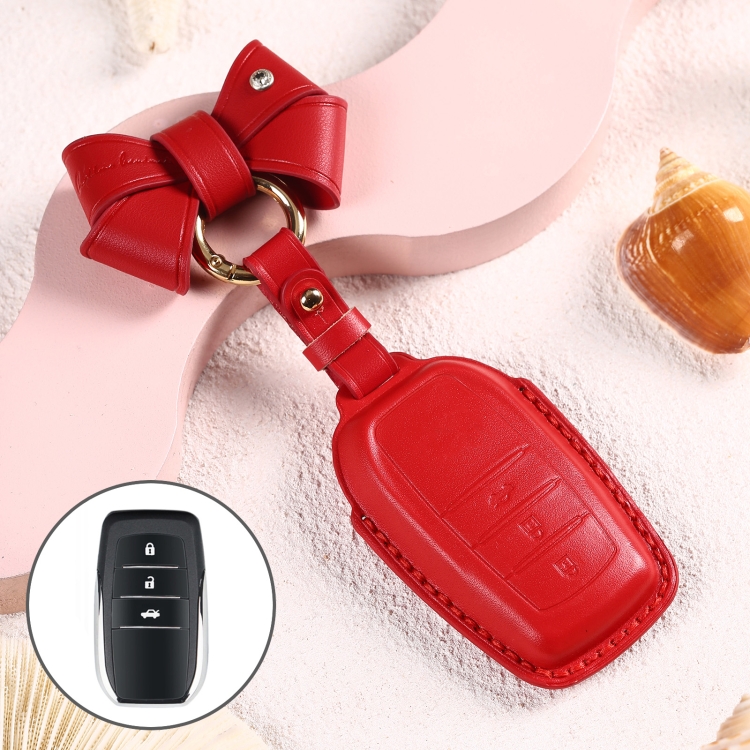

Car Female Style Cowhide Leather Key Protective Cover for Toyota 3-button 2017, with Bow (Red)