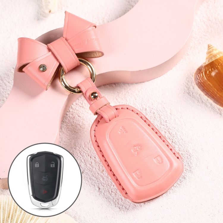 

Car Female Style Cowhide Leather Key Protective Cover for Cadillac 4-button, with Bow (Pink)