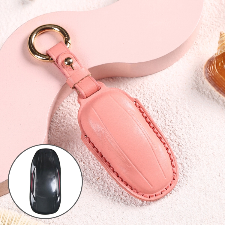 

Car Female Style Cowhide Leather Key Protective Cover for Tesla Model X, B Type without Bow (Pink)