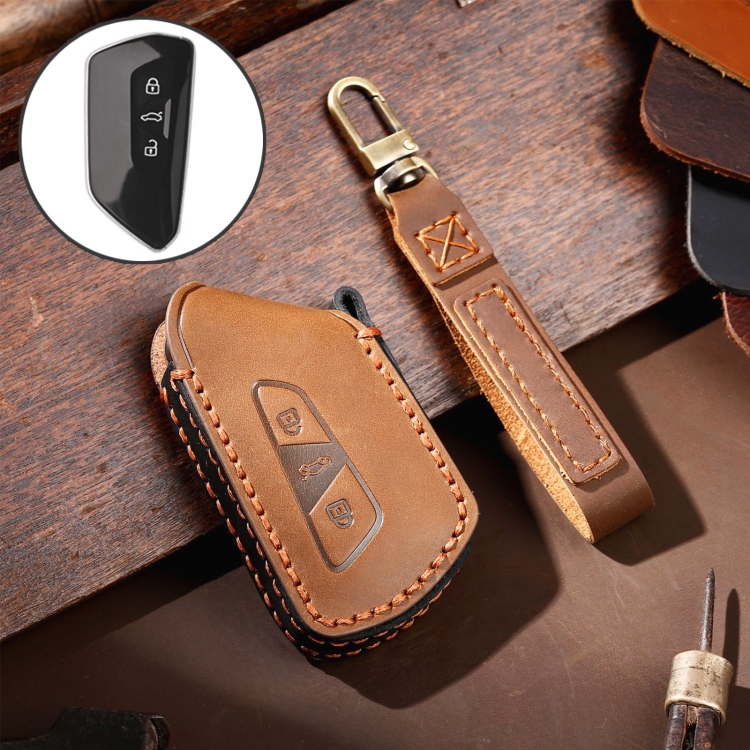 

Hallmo Car Cowhide Leather Key Protective Cover for Volkswagen Golf 8 (Brown)
