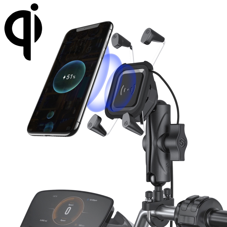 

ZH-1558A2 Motorcycle Handlebar X-shape Aluminum Alloy Qi Wireless Charging Phone Holder