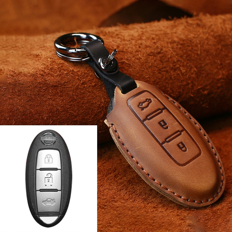 

For Nissan Car Cowhide Leather Key Protective Cover Key Case, Three Keys Tailgate Version (Brown)
