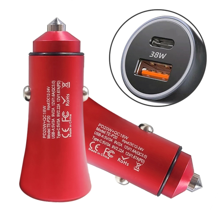 

2pcs PD 20W Aluminum Alloy Dual Interface Car Fast Charger (Red)