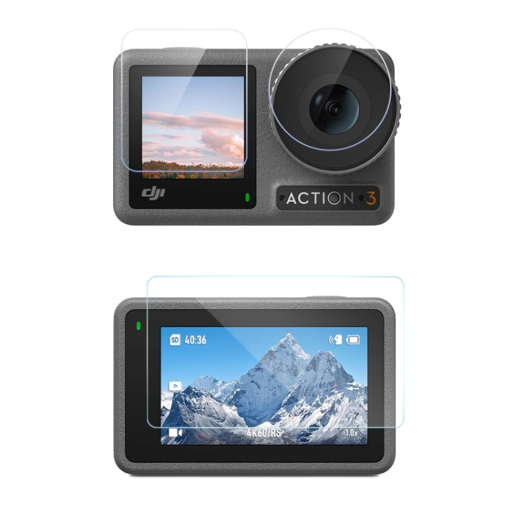 

For DJI Osmo Action 3 3-in-1 Lens Front and Back Screen Diamond Explosion-proof Film