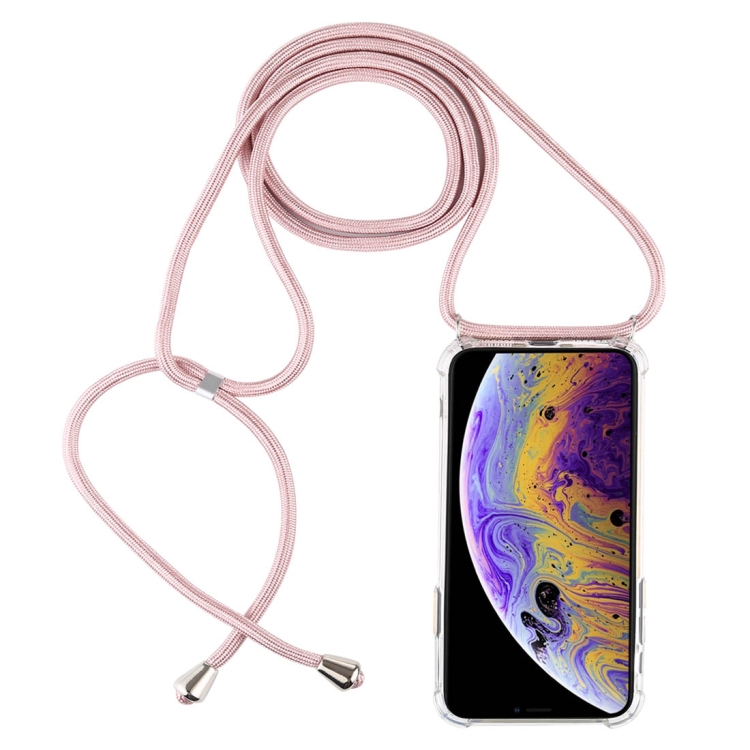 

For iPhone X / XS Four-Corner Anti-Fall Trasparent TPU Mobile Phone Case With Lanyard(Rose Gold)
