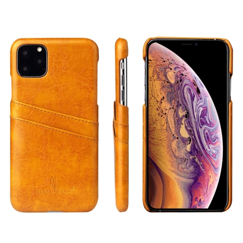 

For iPhone 11 Fierre Shann Retro Oil Wax Texture PU Leather Case with Card Slots (Yellow)