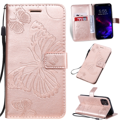 For iPhone 11 Pressed Printing Butterfly Pattern Horizontal Flip PU Leather Case with Holder & Card Slots & Wallet & Lanyard (Rose Gold) for iphone 15 pro max crossbody lanyard elastic silicone card holder phone case dark green