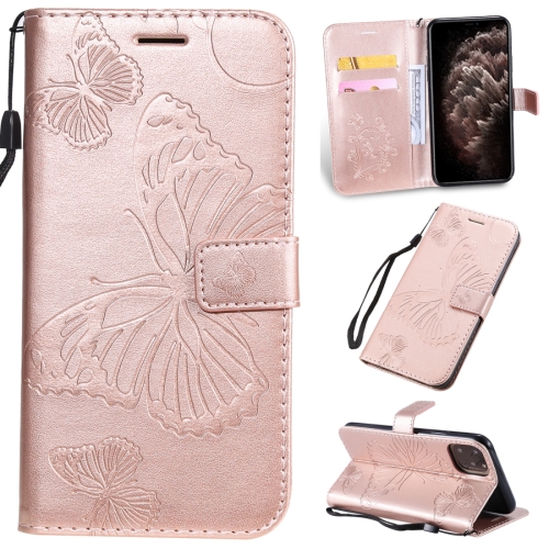

For iPhone 11 Pro Max Pressed Printing Butterfly Pattern Horizontal Flip PU Leather Case with Holder & Card Slots & Wallet & Lanyard (Rose Gold)
