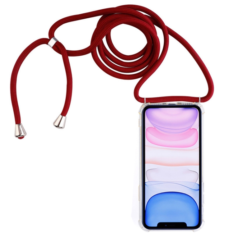 

Four-Corner Anti-Fall Transparent TPU Mobile Phone Case With Lanyard for iPhone 11(Red)