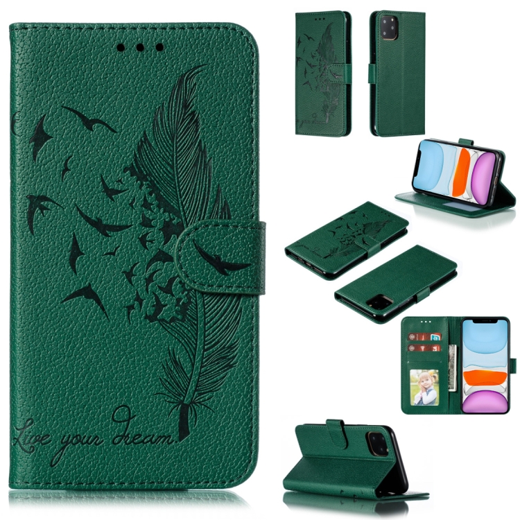 

For iPhone 11 Feather Pattern Litchi Texture Horizontal Flip Leather Case with Wallet & Holder & Card Slots (Green)
