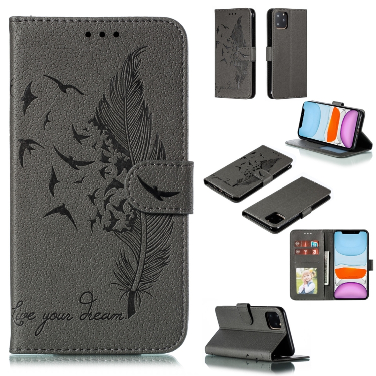 

For iPhone 11 Feather Pattern Litchi Texture Horizontal Flip Leather Case with Wallet & Holder & Card Slots (Gray)