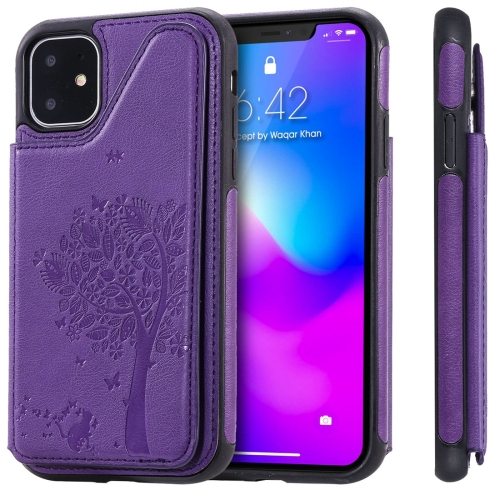 

For iPhone 11 Cat Tree Embossing Pattern Shockproof Protective Case with Card Slots & Photo Frame(Purple)