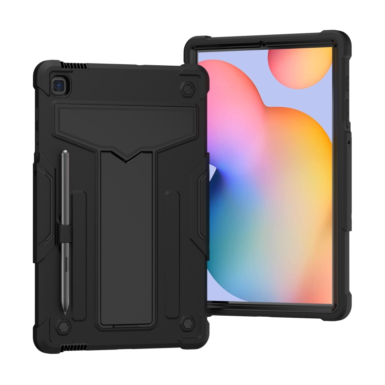 

For Samsung Galaxy Tab S6 Lite P610/615 T-shaped Bracket Contrast Color Shockproof PC + Silicone Protective Case(Black+Black)
