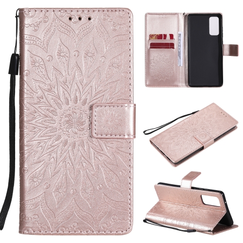 

For Samsung Galaxy S20 FE Pressed Printing Sunflower Pattern Horizontal Flip PU Leather Case with Holder & Card Slots & Wallet & Lanyard(Rose Gold)